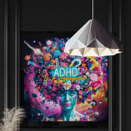 Colorful 'ADHD is my superpower' poster on a black wall with a modern chair and decorative elements.